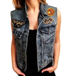 Ring Of Fire Denim Vest Womens L Boho Retro 90s Y2K Grunge Streetwear Casual